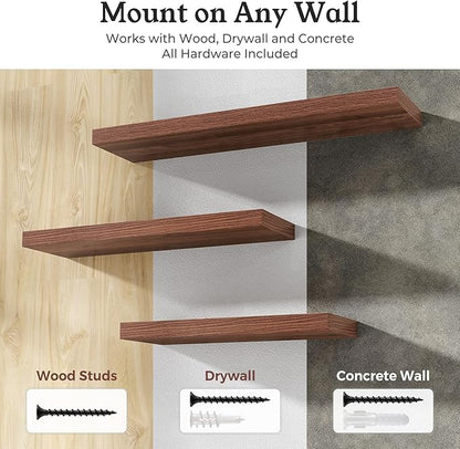 Floating Shelves for Wall, 9.3" Deep Wall Mounted Wood Shelves for Bathroom, Bedroom, Living Room, Kitchen, Hanging Shelf for Books/Storage/Room Decor (Walnut, 48")
