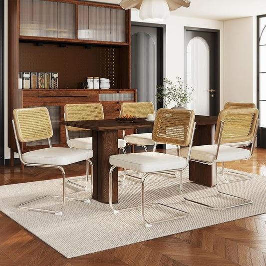 Rattan Back Velvet Dining Chair Set of 6 Modern Stainless Chrome Base Armless Upholstered Side Chair for Dining Room,Kitchen Island,Beige