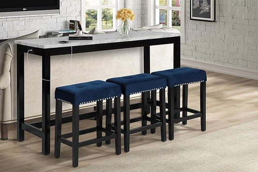 New Classic Furniture Celeste Faux Marble Theater Bar Table with 3 Bar Stool Set, Blue Velvet with Black Base