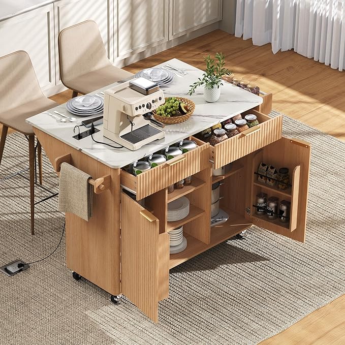 Merax Farmhouse 52 inch Rolling Kitchen Island on Wheels with Drop Leaf Table & Power Outlet, Wood Fluted Kitchen Cart on Wheels with Faux Marble Top, 2 Drawers & Cabinets, 52" Wide Natural