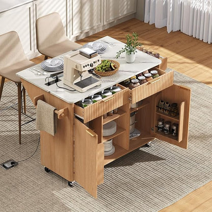Merax Farmhouse 52 inch Rolling Kitchen Island on Wheels with Drop Leaf Table & Power Outlet, Wood Fluted Kitchen Cart on Wheels with Faux Marble Top, 2 Drawers & Cabinets, 52" Wide Natural