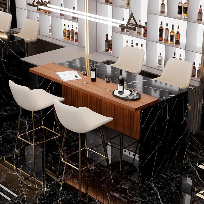 Modern Bar Table and Bar Stools Set, Marble-Look Counter Table with Wood Accent Top & Beige Velvet Bar Chairs Set of 4 with Gold Legs, Kitchen Island Pub Table Set for Home Bar, Dining Room