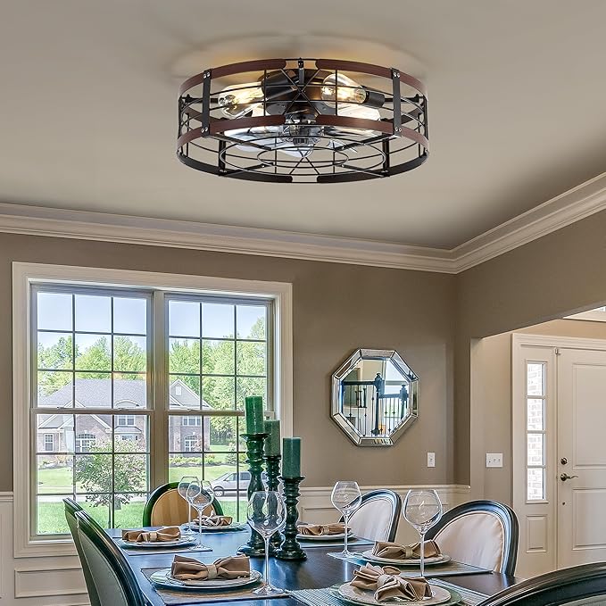 ZYD 20" Caged Ceiling Fan with Light, Farmhouse Cieling Fan with Quiet DC Motor, Rustic Metal Cage with Wood Grain Accent, Ideal for Bedroom, Living Room, Kitchen, Dining Room, Cafés, Restaurants