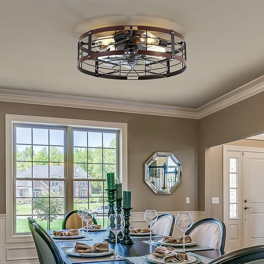 ZYD 20" Caged Ceiling Fan with Light, Farmhouse Cieling Fan with Quiet DC Motor, Rustic Metal Cage with Wood Grain Accent, Ideal for Bedroom, Living Room, Kitchen, Dining Room, Cafés, Restaurants