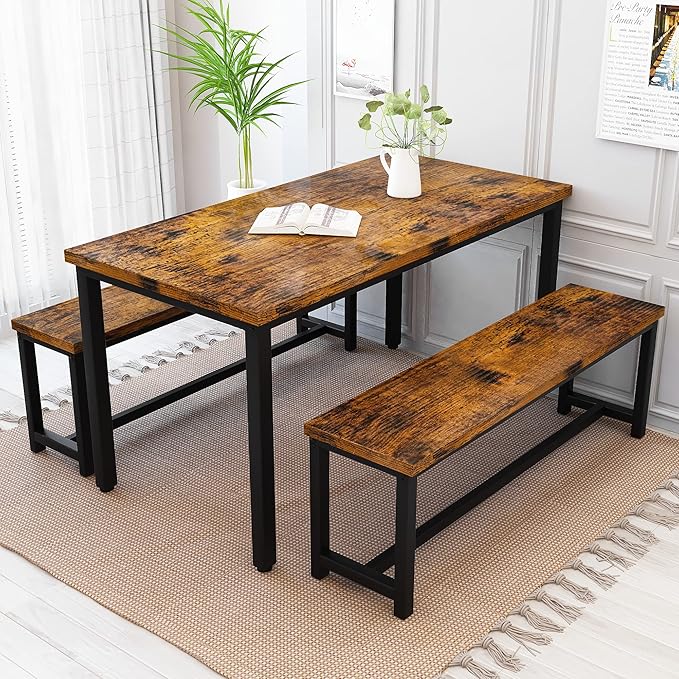 Recaceik Dining Table Set with Bench, 3 Pieces Dining Furniture Set Kitchen Table Set Sturdy Structure Space-Saving Dinette for Kitchen, Dining Room Breakfast Nook, Living Room, Rustic Brow