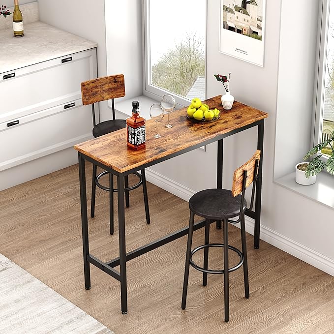 Bar Table Set for 2 with 2 PU Upholstered Stools, Pub Bistro Dinning Table and Stools with Backrest, Counter Height Bar Table Set for Apartment, Kitchen, Small Space
