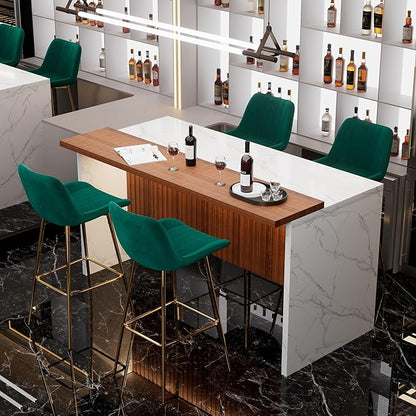 Modern Bar Table and Bar Stools Set, Marble-Look Counter Table with Wood Accent Top & Green Velvet Bar Chairs Set of 4 with Gold Legs, Kitchen Island Pub Table Set for Home Bar, Dining Room