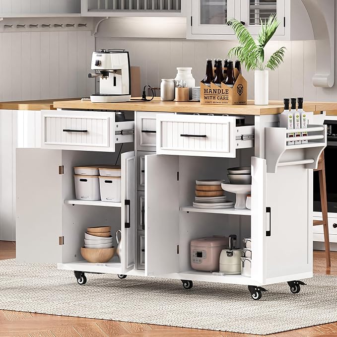 Ball & Cast 56.5" Large Kitchen Island with Drop Leaf and Power Outlet,Embossed Vertical Stripe Rolling Kitchen Cart on Wheels W/Adjustable Shelves,4 Doors & 5 Deep Drawers,for Dining Room,White