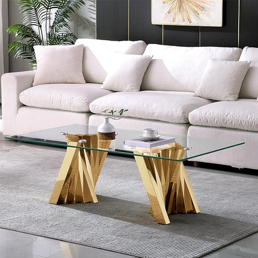 AF ARTISAN FURNITURE Glass Coffee Table, 51 Inch Rectangular Tempered Glass Coffee Table with Stainless Steel Legs, Central Table Cocktail Table Tea Table for Living Room Office, Gold