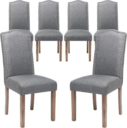 Upholstered Dining Chair Modern Stylish Parsons Kitchen Diner High Back with Silver Nailhead Trim & Wood Legs, Set of 6, Fabric Classic Grey