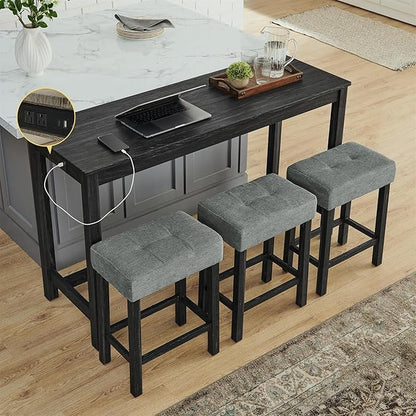 Merax 59" Bar Table Set with Power Outlet,Industrial Breakfast Table with 3 Upholstered Stools w/Footrest,4 Piece Counter Height Bar Table and Chair Set for Living Room,Dining Room,Kitchen,Black