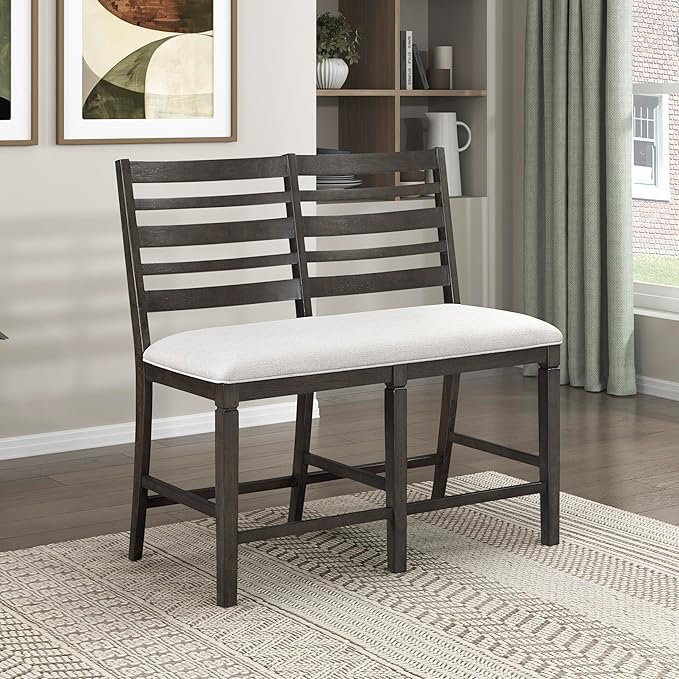 Lexicon 43" W Counter Height Dining Bench with Padded Seat, Ladder Back Wood Frame, Beige Textured Fabric Upholstered Dining Seat for Kitchen/Living Room, Easy Assembly, Dark Espresso
