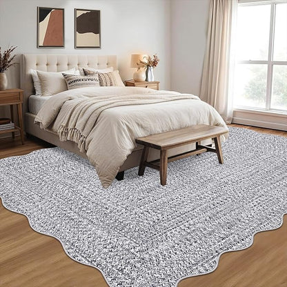 Imitation Braided Collection-Print Scalloped Area Rug 5x7 Washable Rug with Non Slip Rubber Backing Non Shedding Farmhouse Floor Cover, Ultra-Thin Foldable Carpet for Bedroom, Living Room