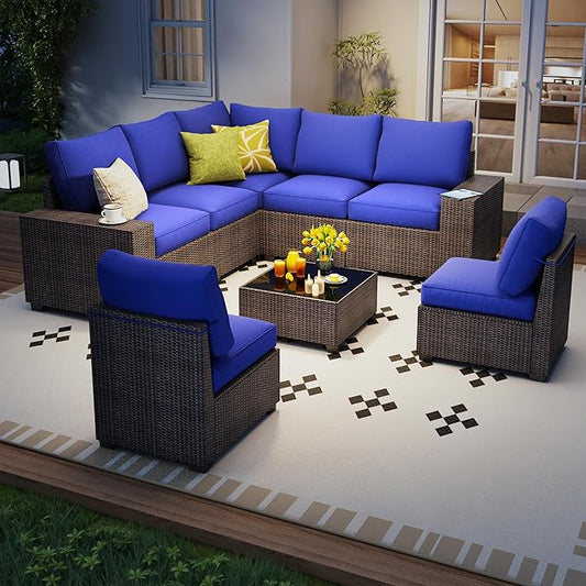 8 Piece Outdoor Patio Furniture Set, Outdoor Sectional Furniture, Rattan & Wicker Modern Modular Conversation Set Sofa Couch W/Water Resistant Washable Thick Cushions and Coffee Table, Brown/Blue