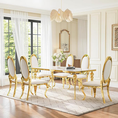 Glass Dining Table Set for 6 with 70" Rectangular White Glass Kitchen Table, 7 Piece Dining Room Set with 6 White Oval Back Upholstered Chairs for Living Room, Restaurant