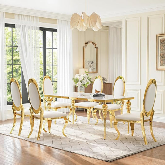 Glass Dining Table Set for 6 with 70" Rectangular White Glass Kitchen Table, 7 Piece Dining Room Set with 6 White Oval Back Upholstered Chairs for Living Room, Restaurant