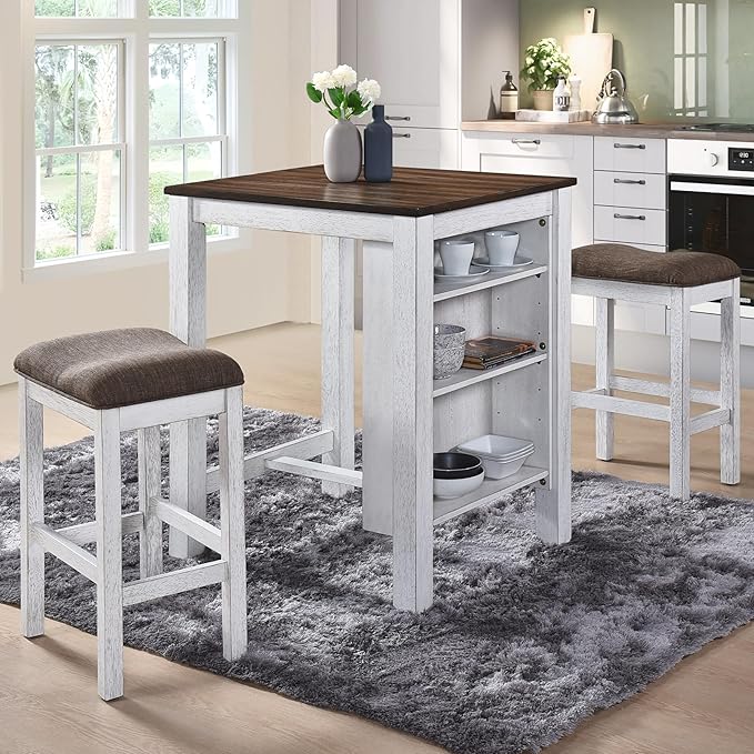 3-Piece Wooden Dining Table Set, Kitchen Island with Seating for 2, Kitchen Bar Table with Stools, Counter Height Dining Table Set, Antique Dark Oak & White, Farmhouse Style