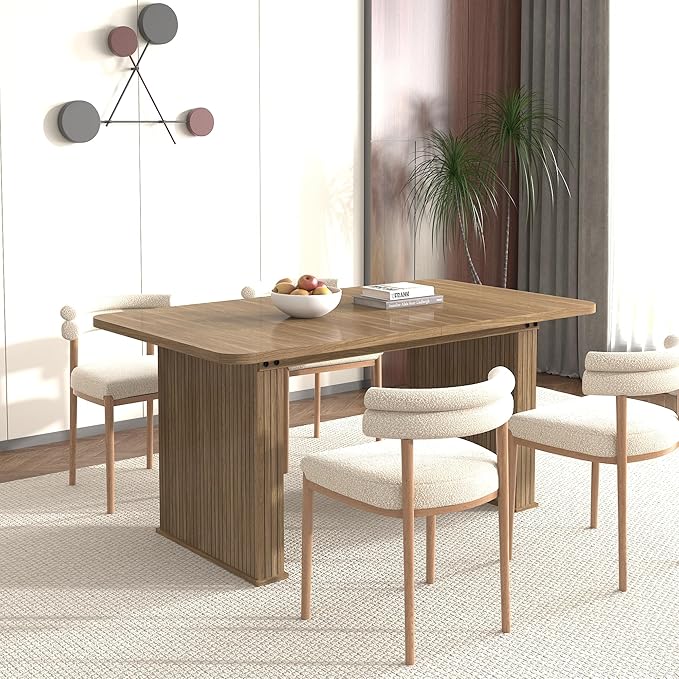79" Extendable Island Table, Rustic Dining Table with Wooden Build & Vertical Stripes, Farmhouse Dining Table with Double Robust Pedestal for Family Gatherings, Beige Brown