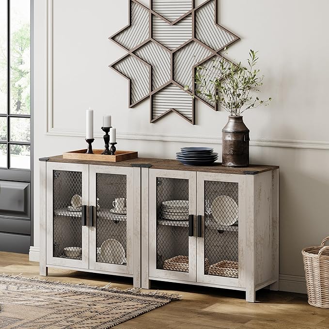 WAMAPT Sideboard Buffet Cabinets with 4-Mesh Door, Set of 2 Wood Kitchen Storage Cabinets with Adjustable Shelf, Coffee Bar Tables for Dining Room, Living Room,Oak and White