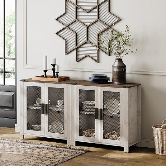 WAMAPT Sideboard Buffet Cabinets with 4-Mesh Door, Set of 2 Wood Kitchen Storage Cabinets with Adjustable Shelf, Coffee Bar Tables for Dining Room, Living Room,Oak and White