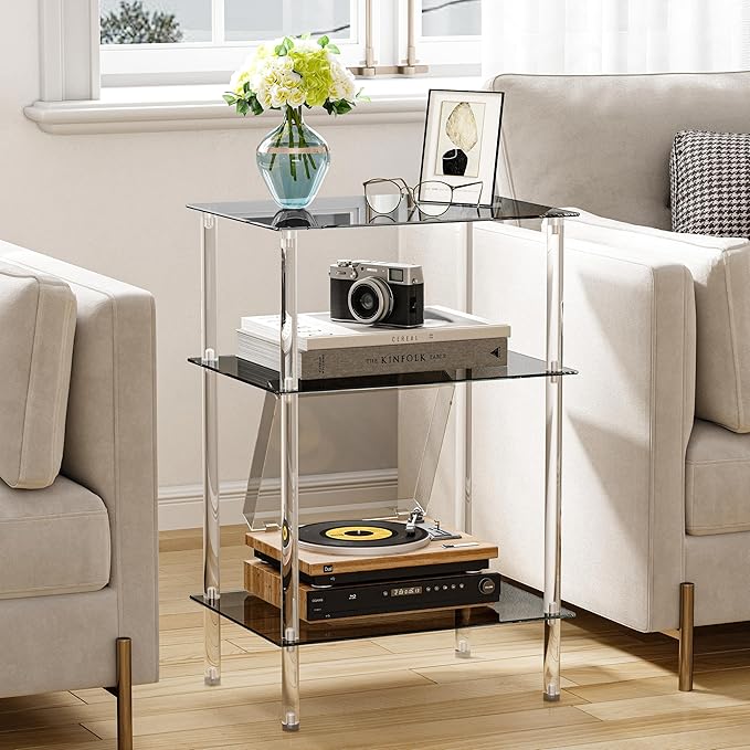 Tempered Glass Side Table, Acrylic End Table, 3-Tier Transparent Nightstand, Clear Coffee Table, for Small Spaces Living Room Bedroom Balcony Black LET519BK