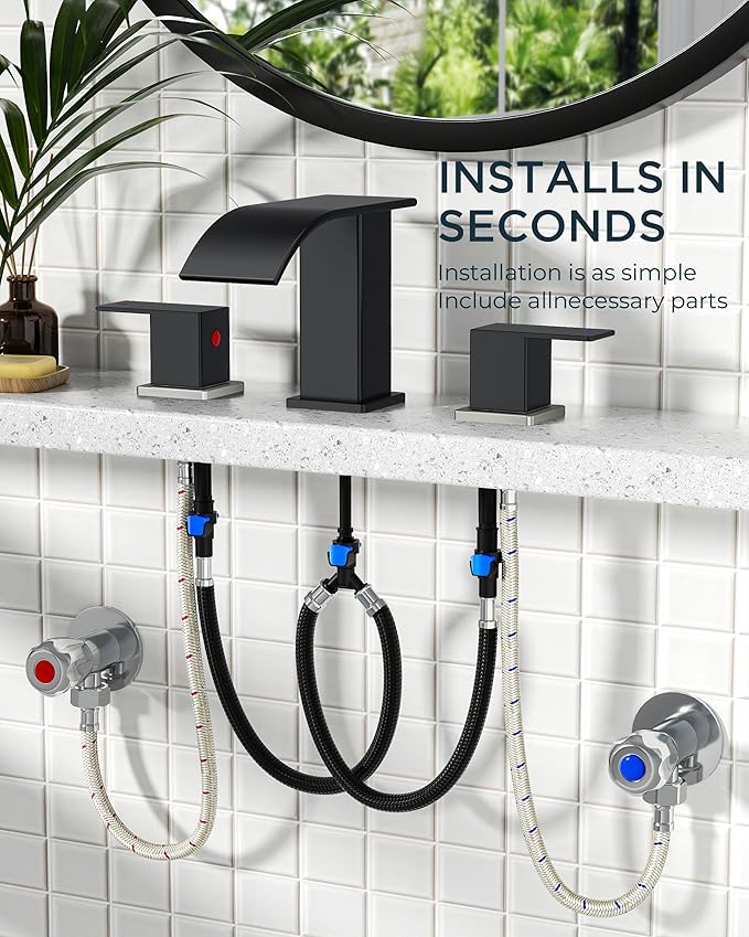 FORIOUS Black and Brushed Nickel Bathroom Faucets 3 Hole, Waterfall Square 8 Inch Widespread Bathroom Sink Faucet with Metal Pop-up Drain and Supply Lines, Two Handles for Vanity, RV, Farmhouse
