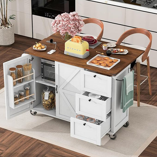 Farmhouse Kitchen Island with Power Outlet, Kitchen Storage Island with Internal Storage Rack, Drop Leaf, Spice Rack, Rolling Kitchen Cart on Wheels, for Home, Kitchen and Dining Room (White#049)