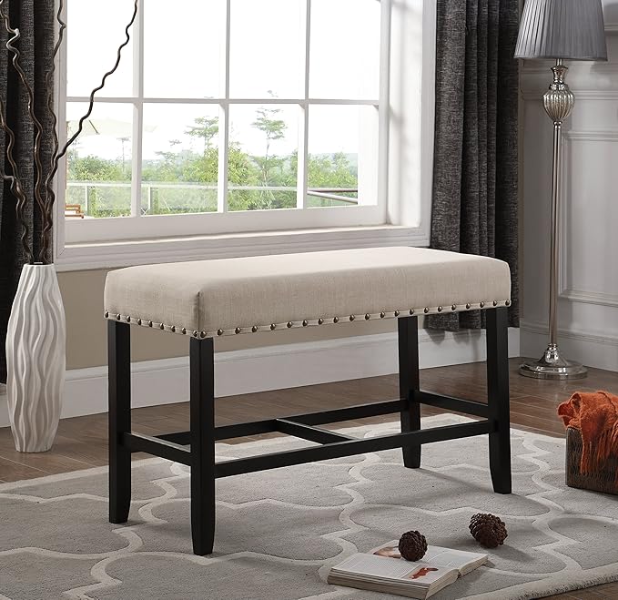 Fabric Counter Height Dining Bench with Nailhead Trim, Tan - Upholstered Bar Stool for Kitchen Island and Dining Table