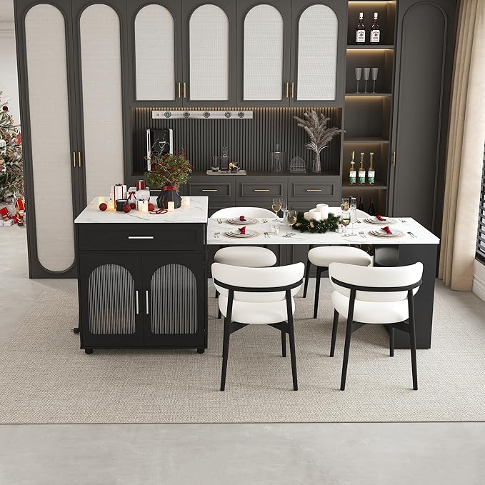 80" Expandable Kitchen Island with Dining Table, Marble Countertop & Power Outlet, Mobile Storage Cart with Cabinet & 2 Drawers, Black Kitchen Prep Table