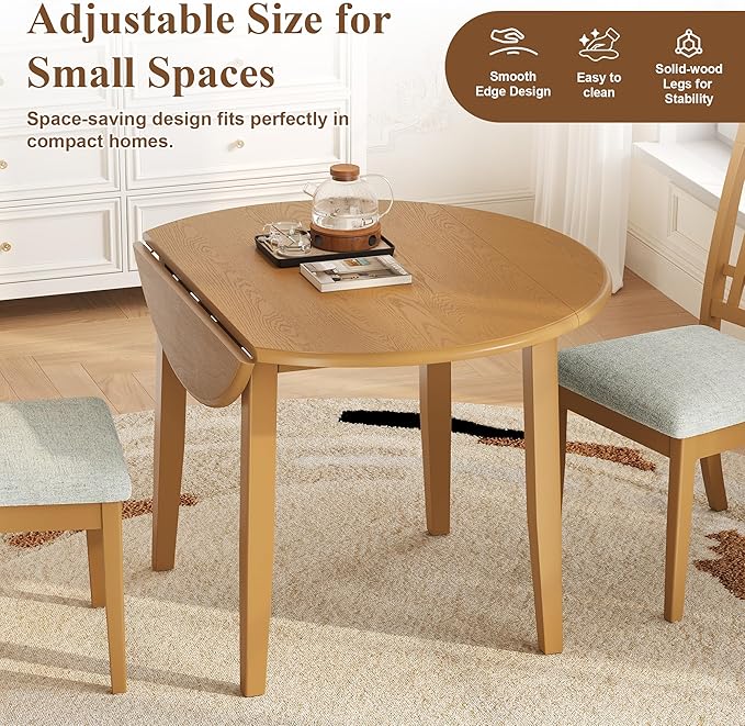 5-Piece Drop Leaf Round Dining Table Set for 4, Farmhouse Kitchen Table Set with Extendable Round Table and 4 Upholstered Chairs. Wood Table and Chairs Set for Dining Room, Living Room, Light Brown