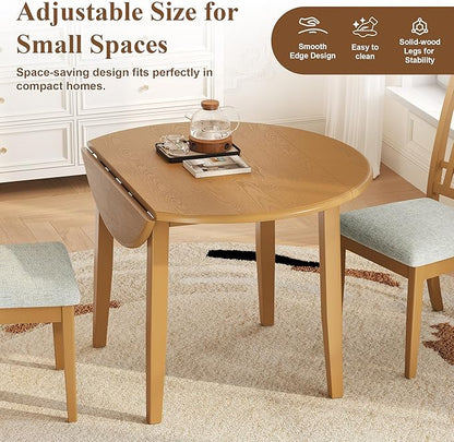 5-Piece Drop Leaf Round Dining Table Set for 4, Farmhouse Kitchen Table Set with Extendable Round Table and 4 Upholstered Chairs. Wood Table and Chairs Set for Dining Room, Living Room, Light Brown