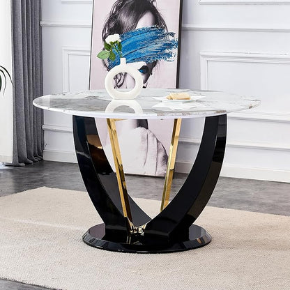 JUFU Round Dining Table for 4/6, 48 Inch Faux Marble Look Dining Room Table, Black Kitchen Table with Stable Pedestal, Modern Glass Dining Table for Kitchen,Living Room,Apartment,Restaurant