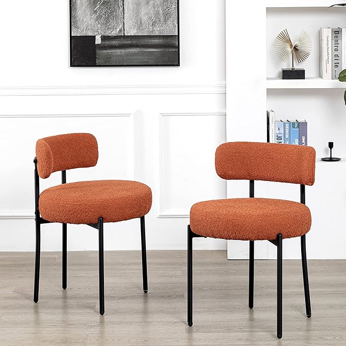 DYHOME Mid-Century Modern Dining Chairs Set of 2, Boucle Dining Chairs Upholstered with Black Metal Legs, Curved Backrest Kitchen Dining Room Chairs, Orange
