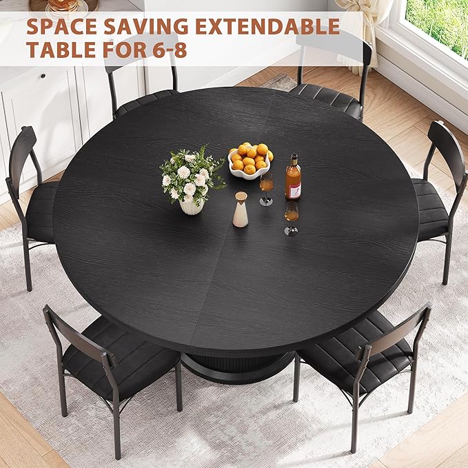Jocoevol 47″–63″ Extendable Round Dining Table for 4–8 with Dust-Proof 2-Tier Storage Shelf Space Saving Expandable Wood Oval Circle Dinner Furniture with Pedestal Base (Black)