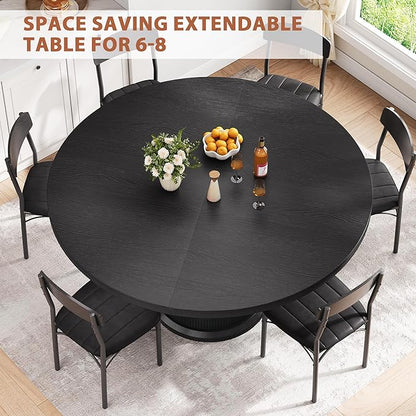 Jocoevol 47″–63″ Extendable Round Dining Table for 4–8 with Dust-Proof 2-Tier Storage Shelf Space Saving Expandable Wood Oval Circle Dinner Furniture with Pedestal Base (Black)