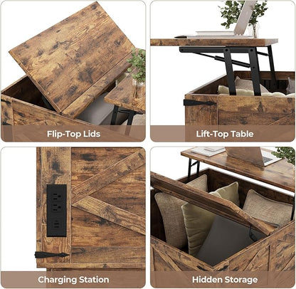 Jocoevol Farmhouse Lift Top Coffee Table, Square Wood Center Table with LED Lighting, USB-C Charging Station, and Hidden Storage Compartment - Rustic Brown Living Room Furniture
