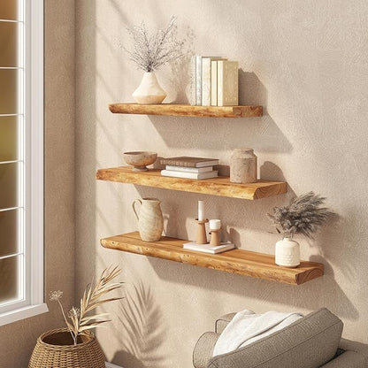 Floating Shelves Set of 2, Solid Elm Wood Wall Shelves 36 Inch - Invisible Bracket Mount for Living Room, Bedroom, Kitchen, Bathroom - Natural