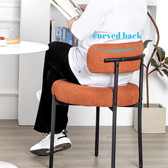 DYHOME Mid-Century Modern Dining Chairs Set of 2, Boucle Dining Chairs Upholstered with Black Metal Legs, Curved Backrest Kitchen Dining Room Chairs, Orange