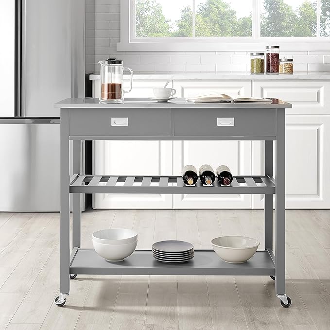 Crosley Furniture Chloe Stainless Steel Top Rolling Kitchen Island Storage Cart, Microwave Stand, Wine Rack, Gray