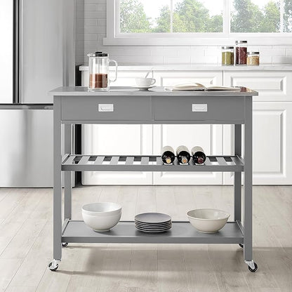 Crosley Furniture Chloe Stainless Steel Top Rolling Kitchen Island Storage Cart, Microwave Stand, Wine Rack, Gray