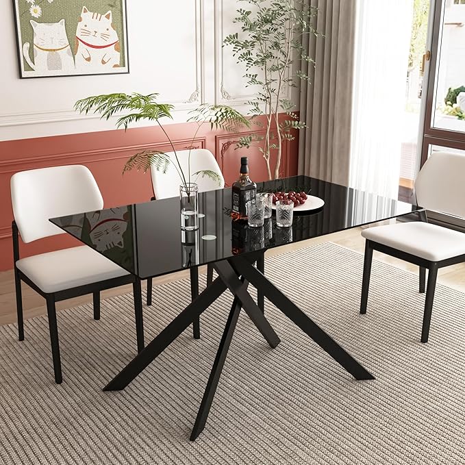 51" Rectangle Dining Table for 4 5 6 People, Modern Dining Room Tables with Black Chrome Metal X-Shaped Legs, Black Glass Dining Table Large Kitchen Table Family Dinner Table for Home Office