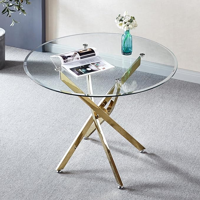 Modern Glass Dining Table Round Dining Room Table with Tempered Glass Top, Gold Stainless Steel Base Home Office Kitchen Dining Room Table Furniture, 36" D x 36" W x 30" H