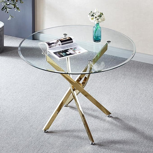 Modern Glass Dining Table Round Dining Room Table with Tempered Glass Top, Gold Stainless Steel Base Home Office Kitchen Dining Room Table Furniture, 36" D x 36" W x 30" H