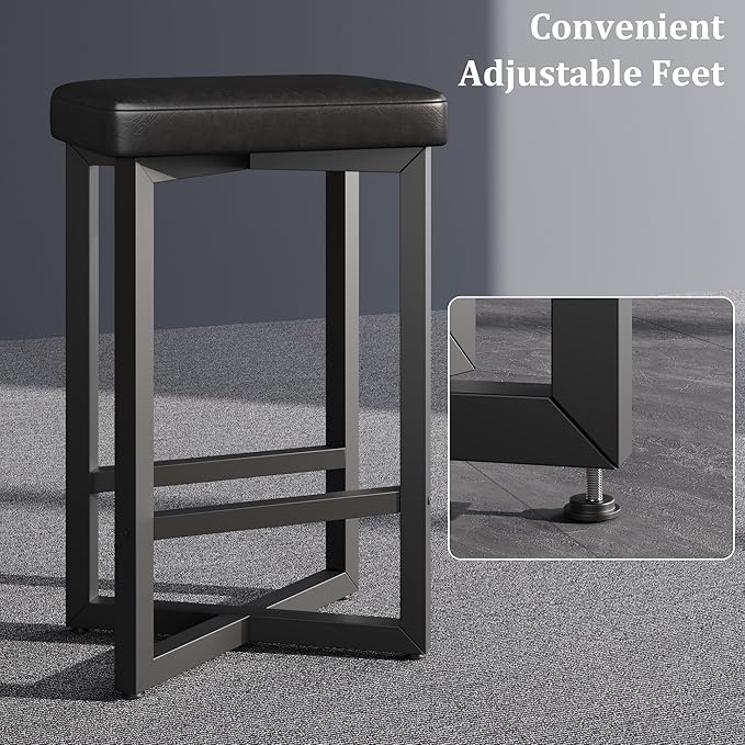 IDEALHOUSE Bar Stools Set of 2, 24.6" Counter Height Backless Barstools, Upholstered PU Leather Seats with Metal X-Frame & Footrest, Modern Kitchen Stools for Home Bar, Dining Room, Black
