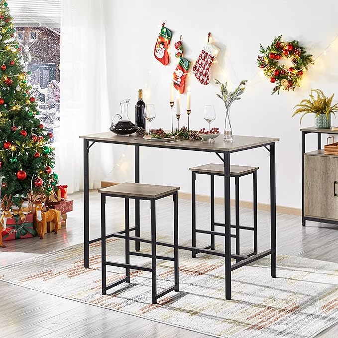 Topeakmart Kitchen Bar Table Set, 3 Piece Dining Table Set, Rectangular Pub Breakfast Table Set, Counter Height with Bar Stools for Dining Room, Apartment, Small Space