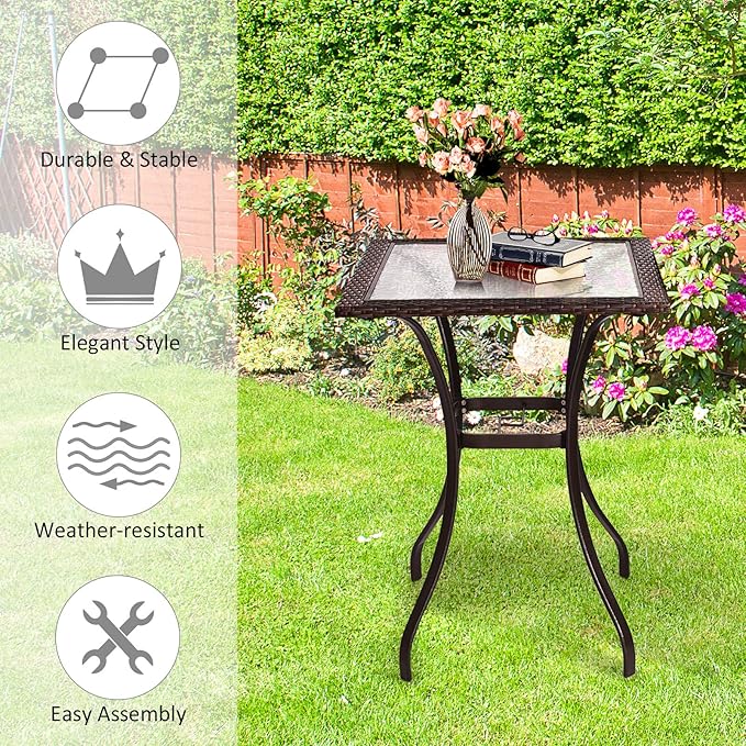 LDAILY Moccha 28.5" Patio Table, Outdoor Dining Bistro Table w/Umbrella Hole, Tempered Glass Top & Steel Frame, Backyard Balcony Furniture Garden Table