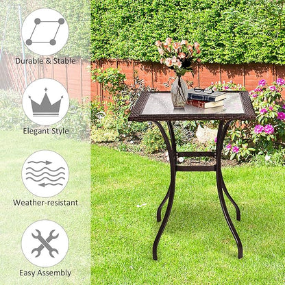 LDAILY Moccha 28.5" Patio Table, Outdoor Dining Bistro Table w/Umbrella Hole, Tempered Glass Top & Steel Frame, Backyard Balcony Furniture Garden Table