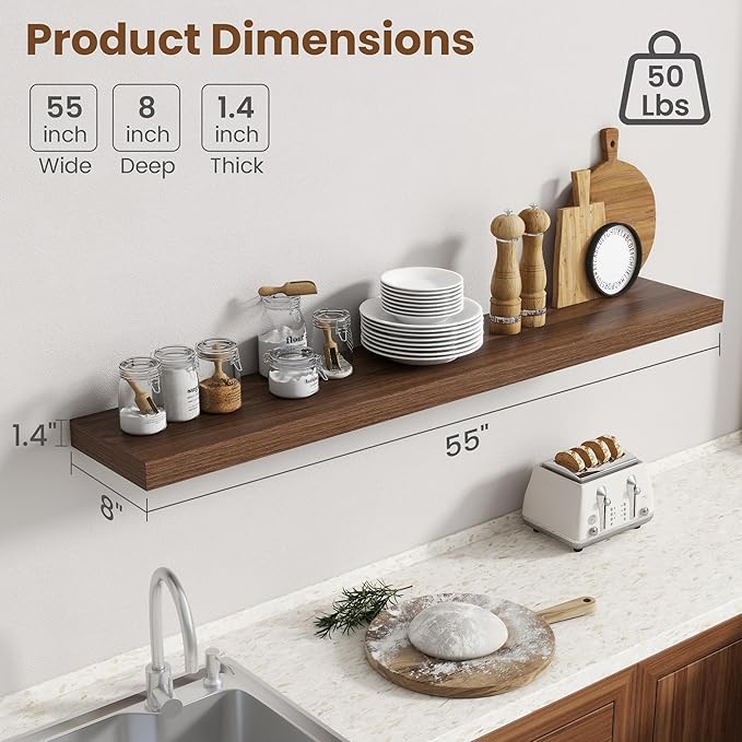 55 Inch Floating Shelves for Wall, 8 Inch Deep Floating Shelf for Storage & Display, Rustic Wall Mounted Shelf with Invisible Brackets for Living Room, Kitchen, Bathroom, Home Decor, Set of 2, Walnut