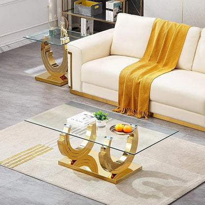 Glass Living Room Table Set of 2, Modern Glass Coffee Table with 1 End Tables Set for Apartment, Luxury Coffee Table Sets Perfect for Living Room, Stainless Steel Frame