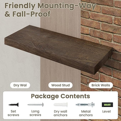 Fun Memories Solid Elm Wood Floating Shelves Set of 2-36 Inch Rustic Wall Shelves with Heavy-Duty Invisible Brackets - for Living Room, Kitchen, Bedroom, Bathroom - Walnut Finish
